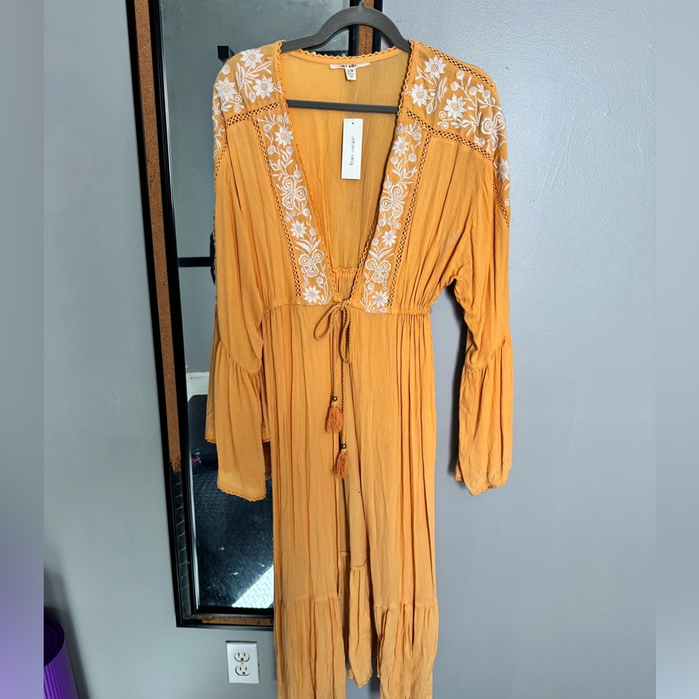 Francesca's Collections Mustard Embroidered Long Sleeve Dress